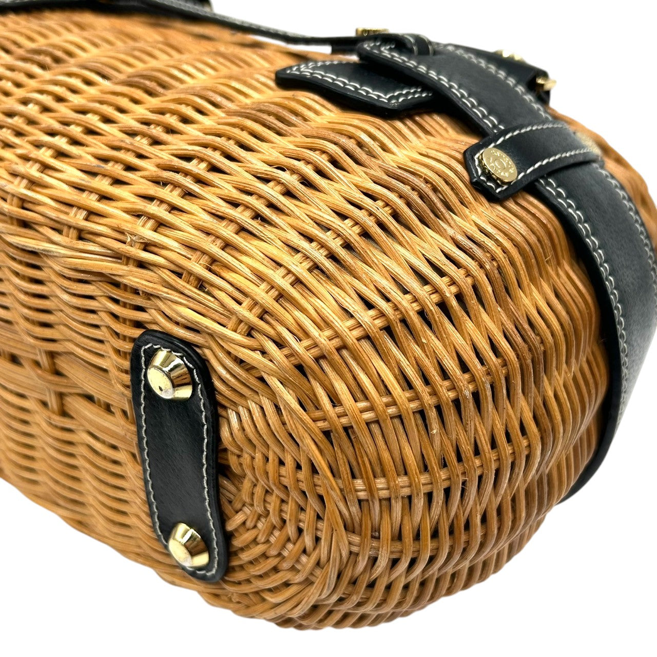 【Samantha Thavasa】サマンサタバサ かごバッグ ハンドバッグ バスケット ストロー ラタン レザー切替 ブラック ブラウン ゴールド金具 巾着タイプ ドット柄ライナー レディース 夏 サマーバッグ カジュアル 可愛い クリーニング済み J