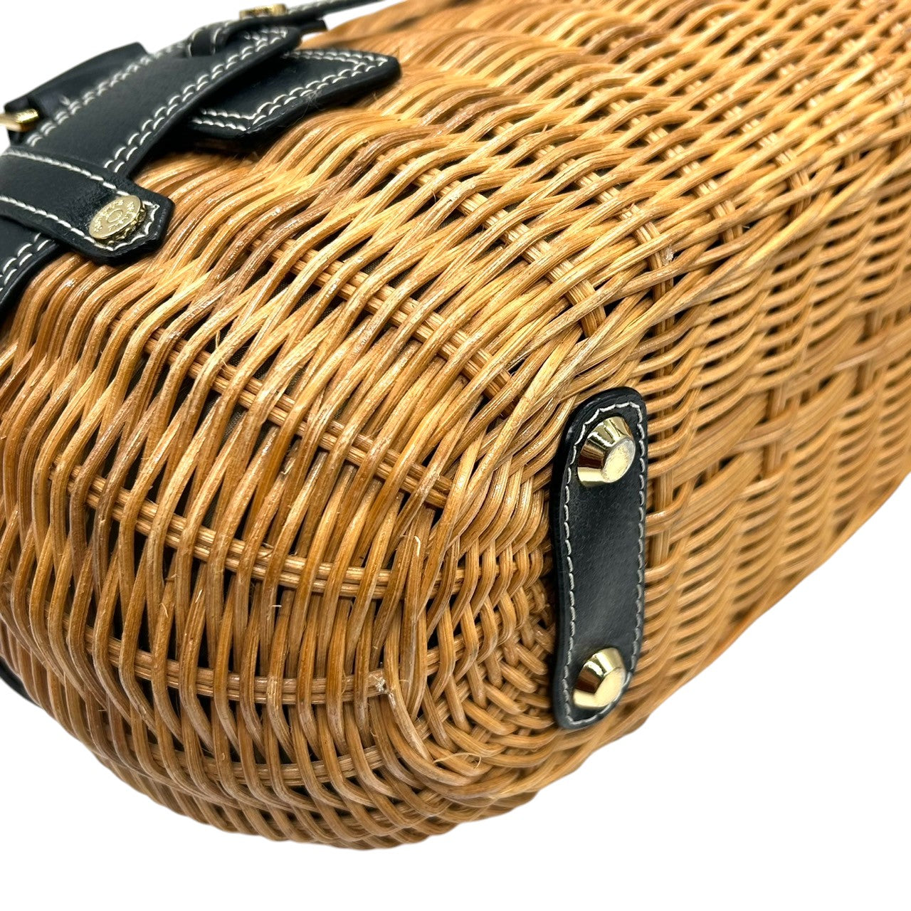 【Samantha Thavasa】サマンサタバサ かごバッグ ハンドバッグ バスケット ストロー ラタン レザー切替 ブラック ブラウン ゴールド金具 巾着タイプ ドット柄ライナー レディース 夏 サマーバッグ カジュアル 可愛い クリーニング済み J