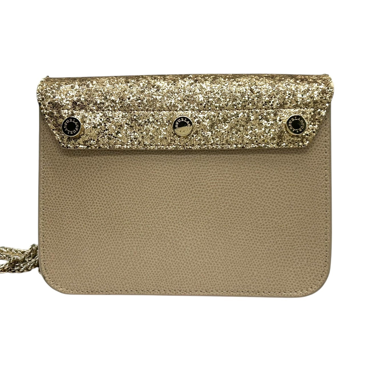 【美品】FURLA フルラ メトロポリス チェーンショルダーバッグ ミニバッグ ポシェット 斜め掛け可 自立可 レザー グリッター ラメ ベージュ ゴールド イタリア製 レディース パーティー エレガント 人気モデル クリーニング済み s63