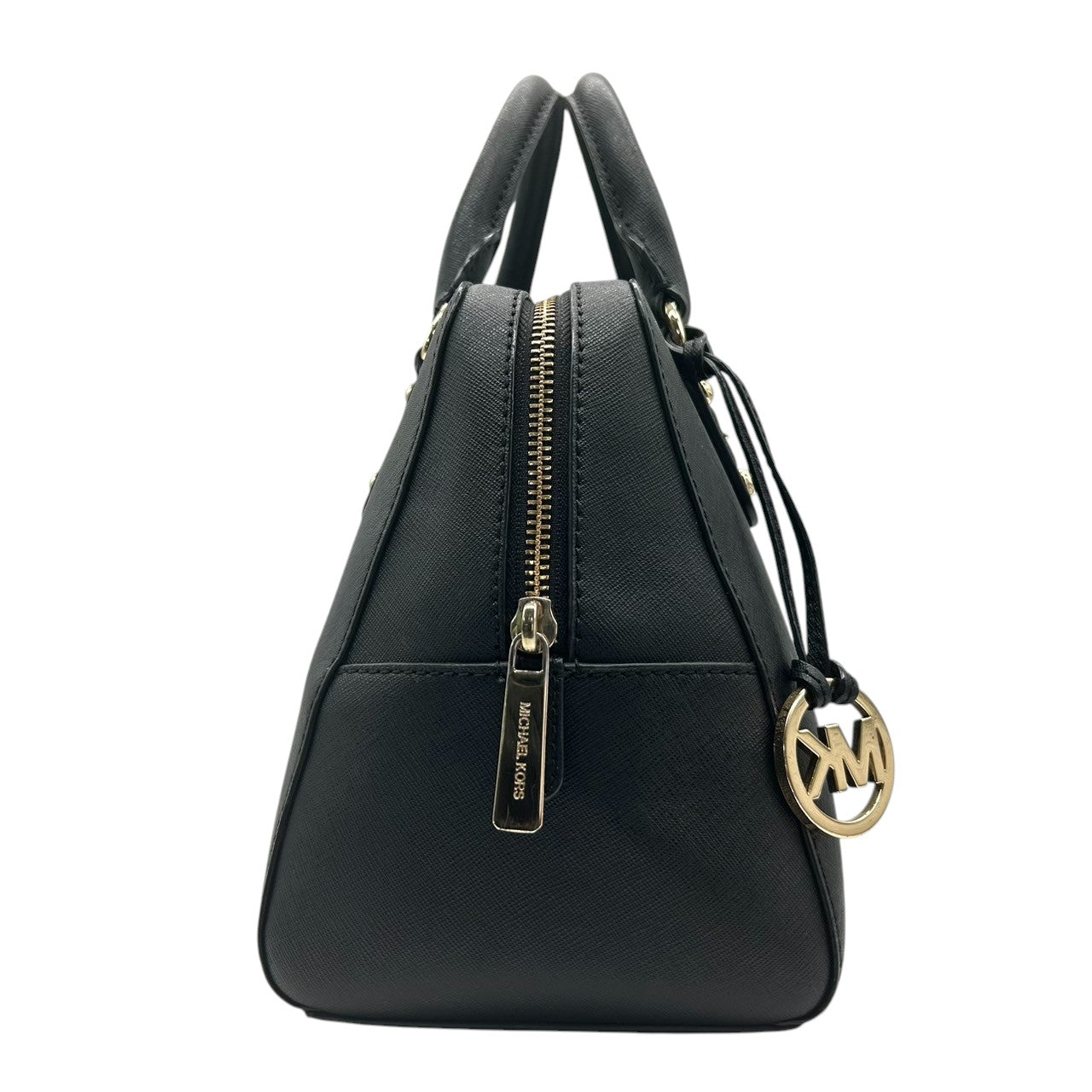 【美品】MICHAEL KORS マイケルコース ハンドバッグ サッチェルバッグ ドーム型 自立可 PVC サフィアーノレザー ブラック ゴールド金具 MKロゴチャーム レディース エレガント ビジネス 人気モデル クリーニング済み s56