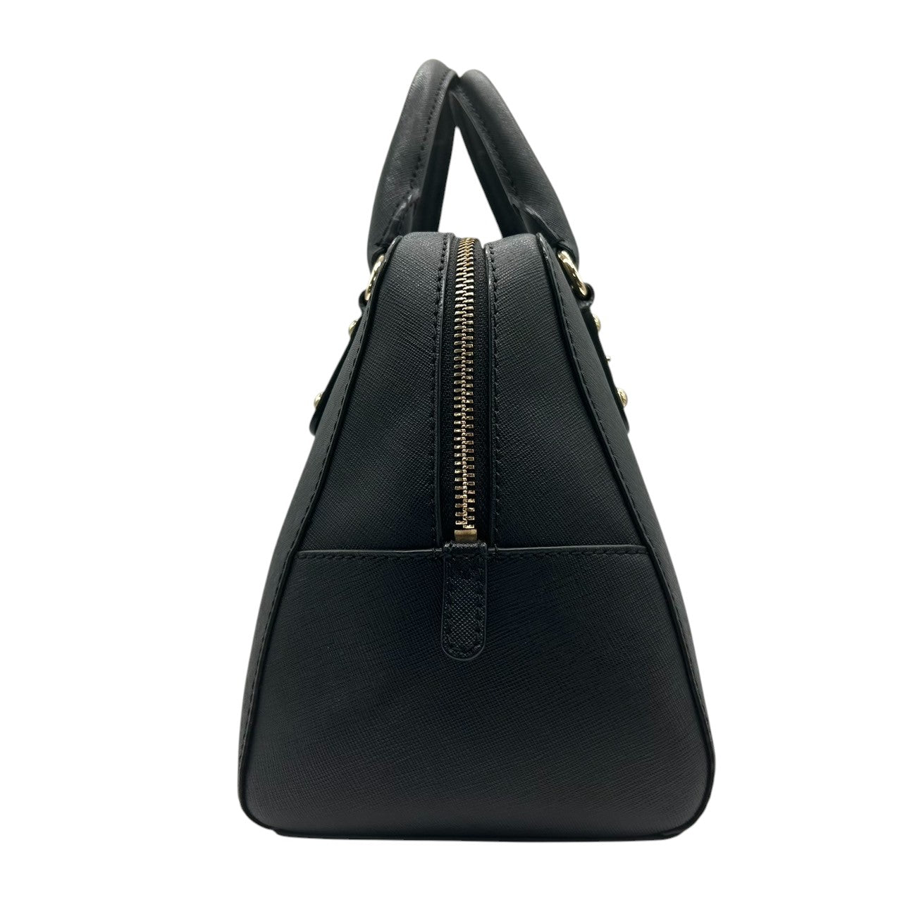 【美品】MICHAEL KORS マイケルコース ハンドバッグ サッチェルバッグ ドーム型 自立可 PVC サフィアーノレザー ブラック ゴールド金具 MKロゴチャーム レディース エレガント ビジネス 人気モデル クリーニング済み s56