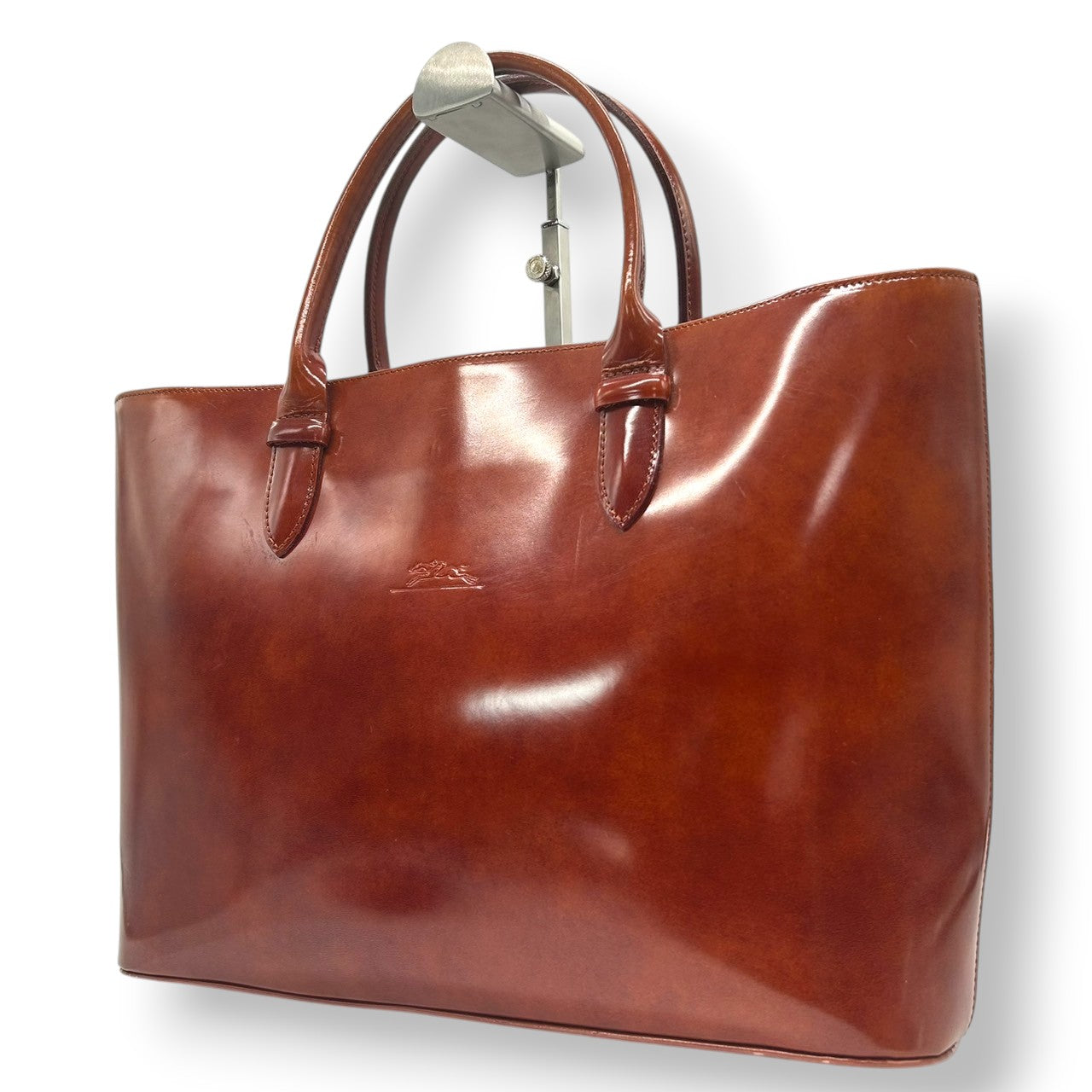 【LONGCHAMP】ロンシャン トートバッグ ハンドバッグ 自立可 A4収納可 パテントレザー エナメル ブラウン キャメル系 ロゴ型押し フランス製 レディース ビジネスバッグ 通勤 通学 ヴィンテージ エレガント クリーニング済み s32