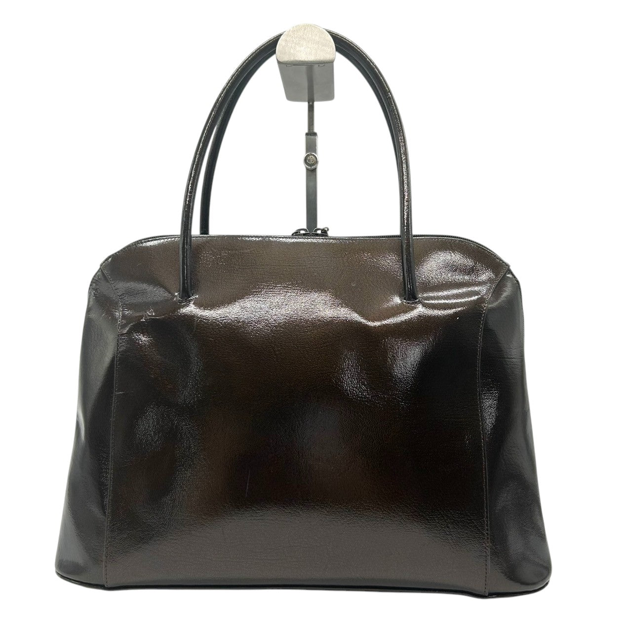 【美品】LONGCHAMP ロンシャン ロゾ ハンドバッグ トートバッグ 自立可 バンブー トグル パテントレザー エナメル ダークブラウン フランス製 レディース ビジネス 通勤 エレガント 人気モデル クリーニング済み E2