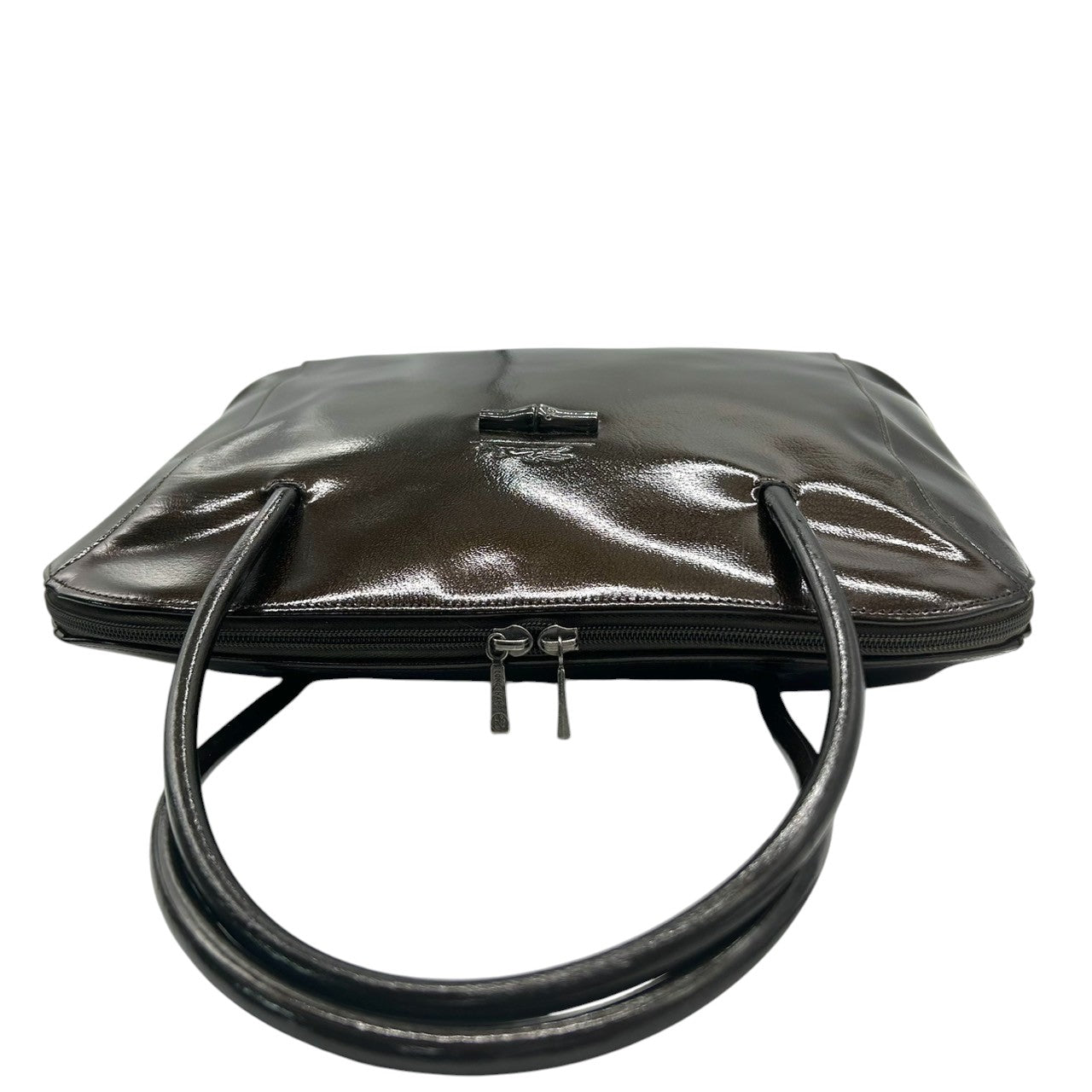 【美品】LONGCHAMP ロンシャン ロゾ ハンドバッグ トートバッグ 自立可 バンブー トグル パテントレザー エナメル ダークブラウン フランス製 レディース ビジネス 通勤 エレガント 人気モデル クリーニング済み E2