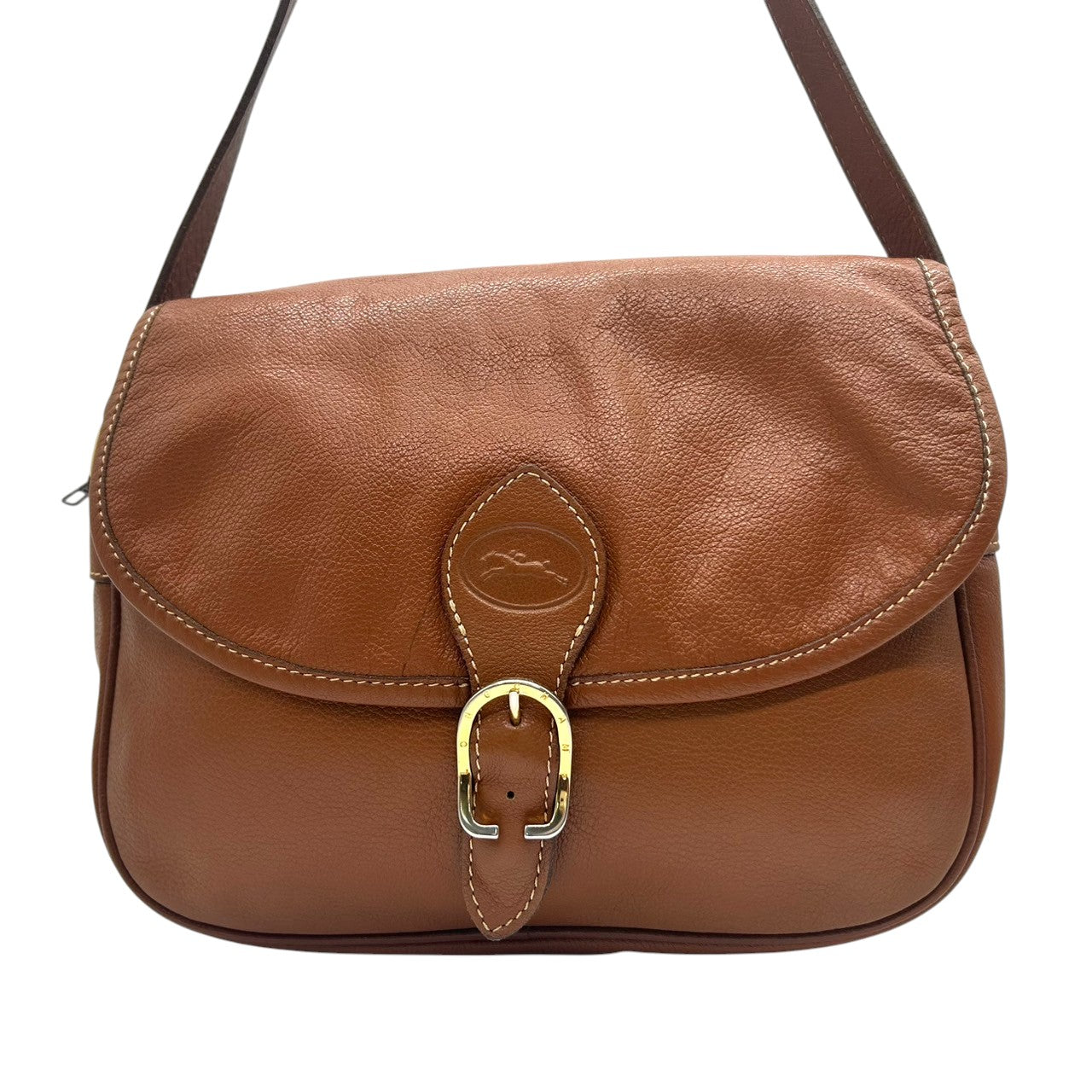 【美品】LONGCHAMP ロンシャン ショルダーバッグ クロスボディ 斜め掛け可 フラップ 本革 レザー シボ革 ブラウン キャメル ゴールド金具 ロゴ型押し レディース ヴィンテージ クラシックデザイン エレガント クリーニング済み s33