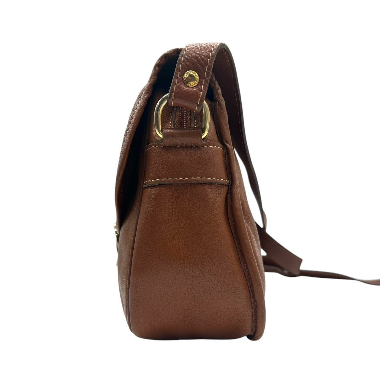 【美品】LONGCHAMP ロンシャン ショルダーバッグ クロスボディ 斜め掛け可 フラップ 本革 レザー シボ革 ブラウン キャメル ゴールド金具 ロゴ型押し レディース ヴィンテージ クラシックデザイン エレガント クリーニング済み s33