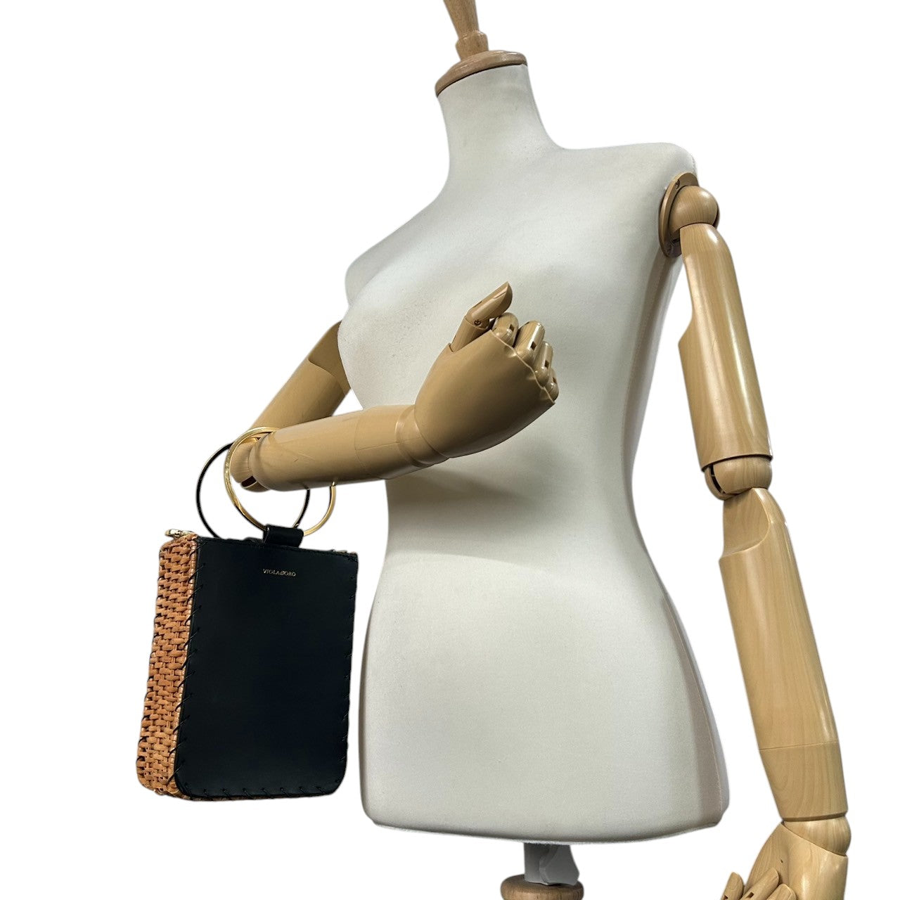 【VIOLA'dORO】ヴィオラドーロ 2WAY ハンドバッグ ショルダーバッグ 斜め掛け可 自立可 かごバッグ スクエア型 ラタン レザー ブラック ゴールド金具 メタルリングハンドル レディース スタイリッシュ モダン クリーニング済み s33