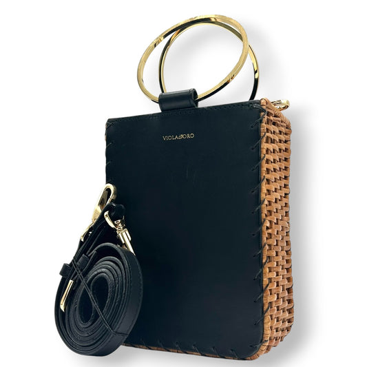 【VIOLA'dORO】ヴィオラドーロ 2WAY ハンドバッグ ショルダーバッグ 斜め掛け可 自立可 かごバッグ スクエア型 ラタン レザー ブラック ゴールド金具 メタルリングハンドル レディース スタイリッシュ モダン クリーニング済み s33