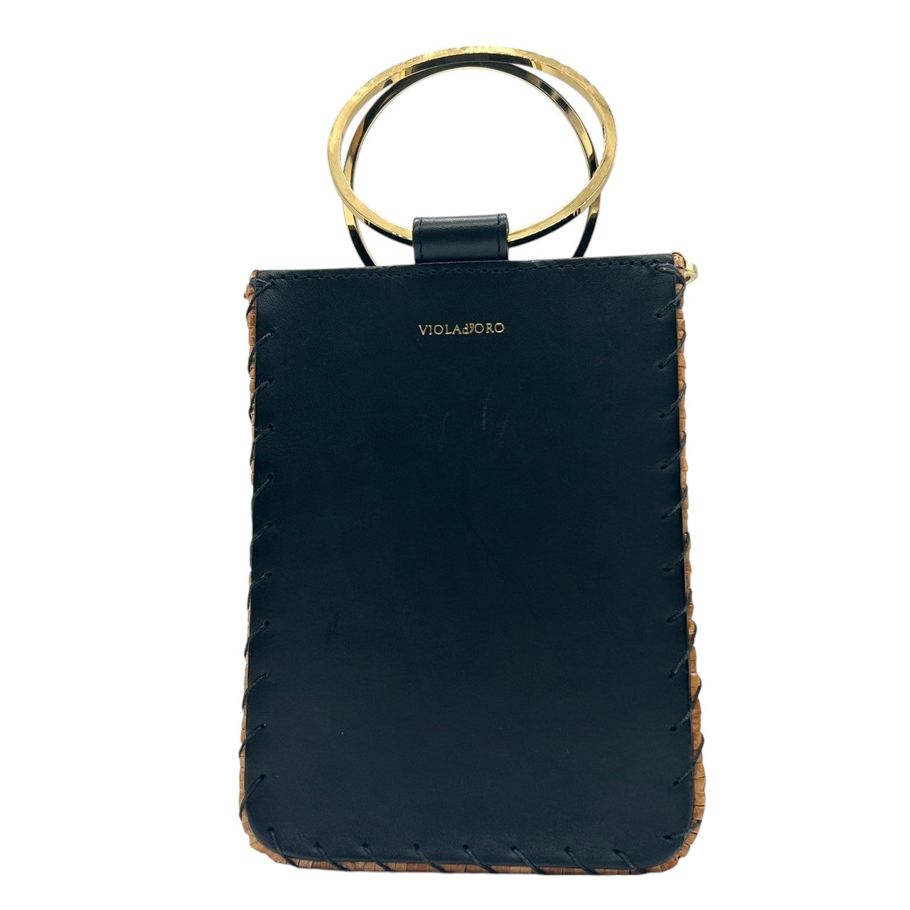 【VIOLA'dORO】ヴィオラドーロ 2WAY ハンドバッグ ショルダーバッグ 斜め掛け可 自立可 かごバッグ スクエア型 ラタン レザー ブラック ゴールド金具 メタルリングハンドル レディース スタイリッシュ モダン クリーニング済み s33