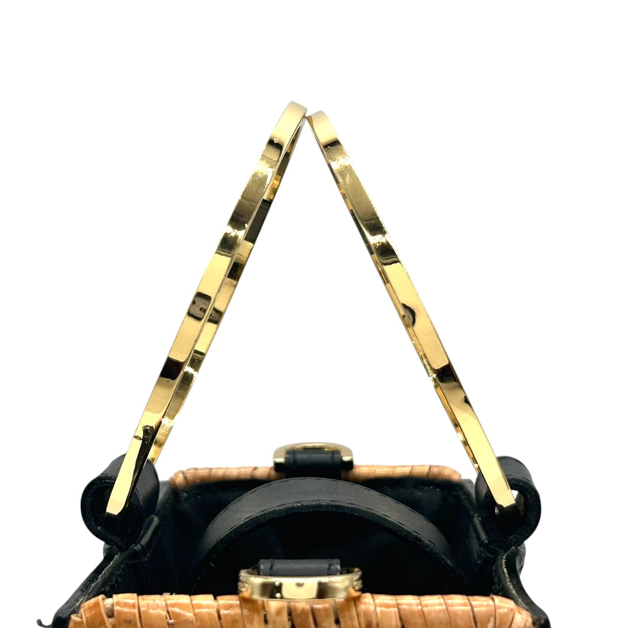 【VIOLA'dORO】ヴィオラドーロ 2WAY ハンドバッグ ショルダーバッグ 斜め掛け可 自立可 かごバッグ スクエア型 ラタン レザー ブラック ゴールド金具 メタルリングハンドル レディース スタイリッシュ モダン クリーニング済み s33