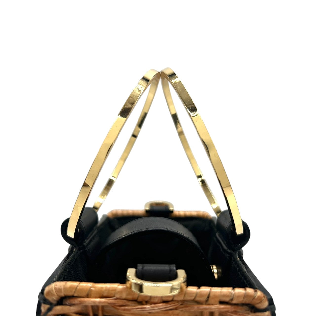 【VIOLA'dORO】ヴィオラドーロ 2WAY ハンドバッグ ショルダーバッグ 斜め掛け可 自立可 かごバッグ スクエア型 ラタン レザー ブラック ゴールド金具 メタルリングハンドル レディース スタイリッシュ モダン クリーニング済み s33