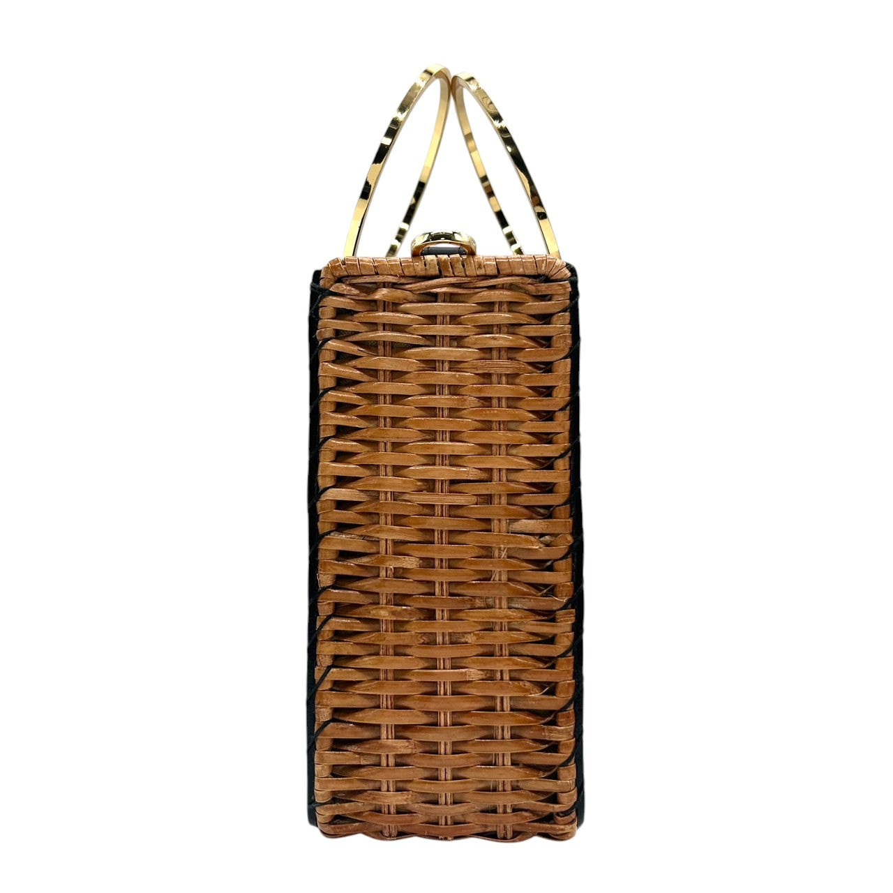 【VIOLA'dORO】ヴィオラドーロ 2WAY ハンドバッグ ショルダーバッグ 斜め掛け可 自立可 かごバッグ スクエア型 ラタン レザー ブラック ゴールド金具 メタルリングハンドル レディース スタイリッシュ モダン クリーニング済み s33