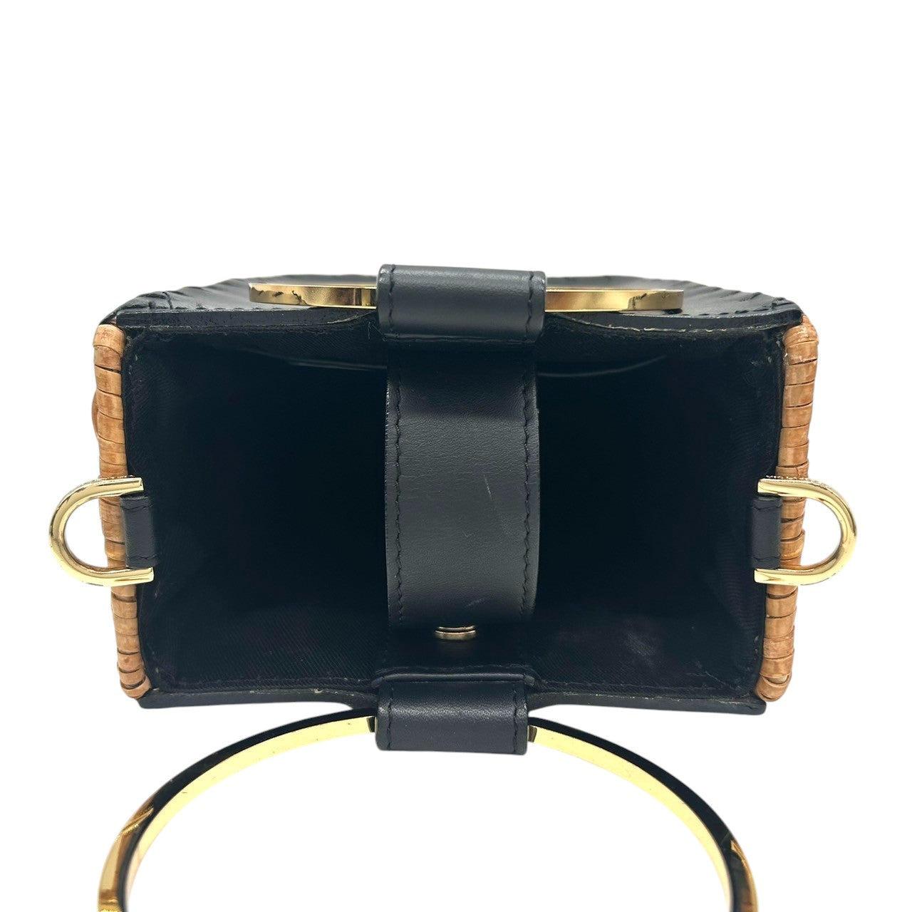【VIOLA'dORO】ヴィオラドーロ 2WAY ハンドバッグ ショルダーバッグ 斜め掛け可 自立可 かごバッグ スクエア型 ラタン レザー ブラック ゴールド金具 メタルリングハンドル レディース スタイリッシュ モダン クリーニング済み s33
