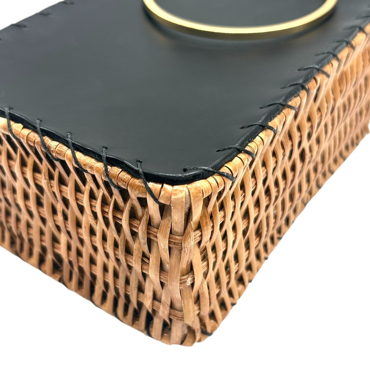 【VIOLA'dORO】ヴィオラドーロ 2WAY ハンドバッグ ショルダーバッグ 斜め掛け可 自立可 かごバッグ スクエア型 ラタン レザー ブラック ゴールド金具 メタルリングハンドル レディース スタイリッシュ モダン クリーニング済み s33