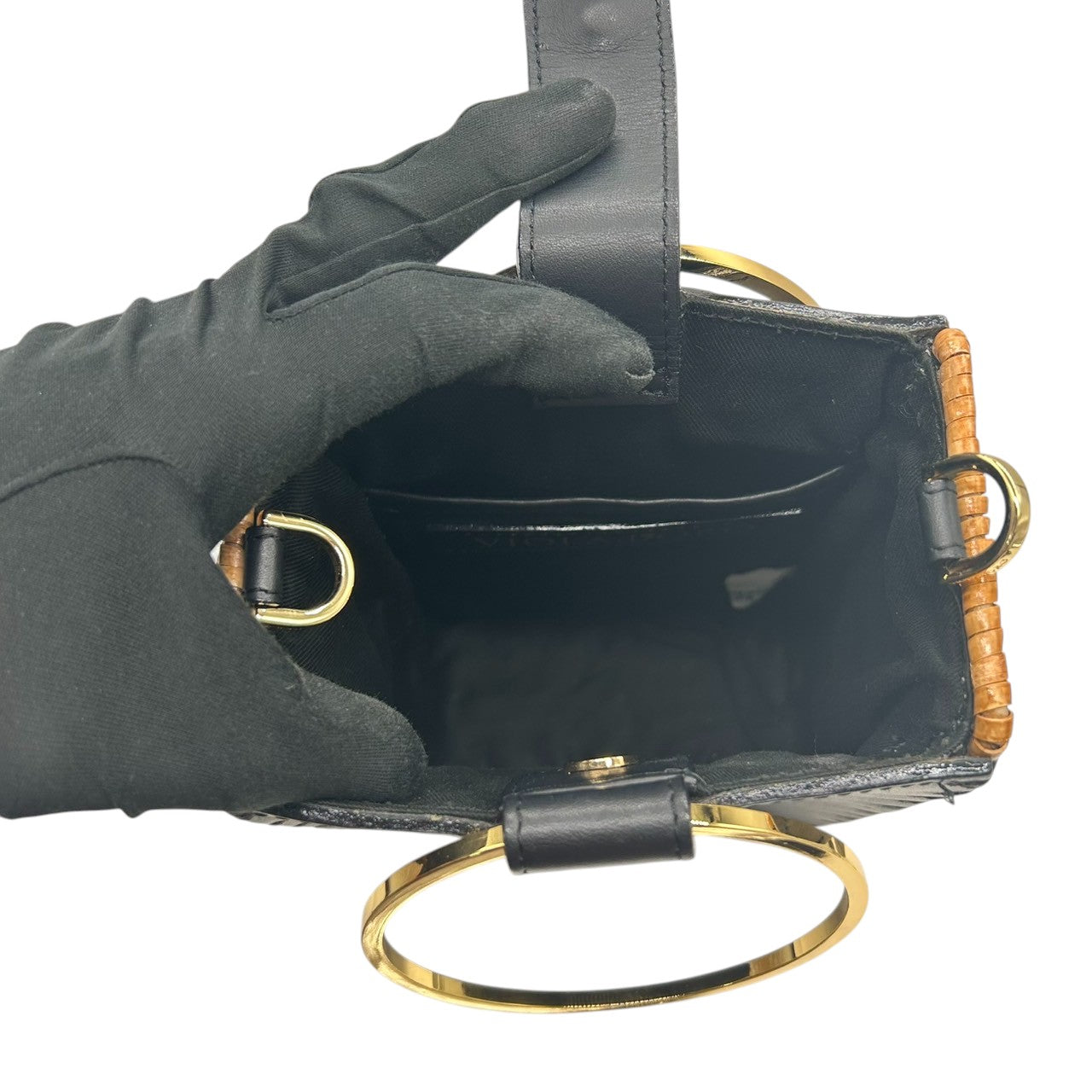 【VIOLA'dORO】ヴィオラドーロ 2WAY ハンドバッグ ショルダーバッグ 斜め掛け可 自立可 かごバッグ スクエア型 ラタン レザー ブラック ゴールド金具 メタルリングハンドル レディース スタイリッシュ モダン クリーニング済み s33