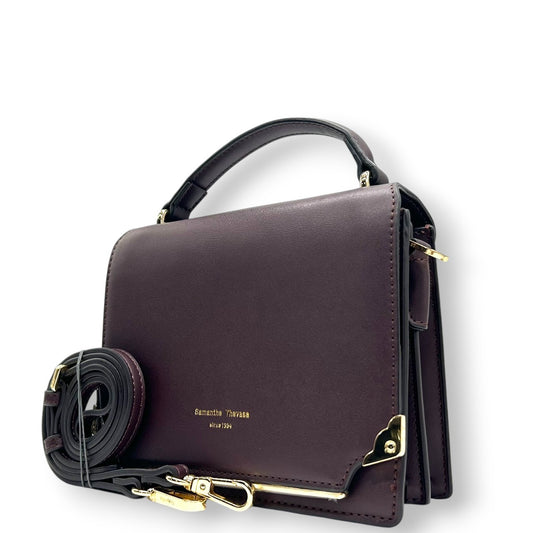 【未使用級/極美品】Samantha Thavasa サマンサタバサ 2WAY ハンドバッグ ショルダーバッグ 斜め掛け可 自立可 トップハンドル スクエア レザー ワインレッド ゴールド金具 フラップ レディース エレガント クリーニング済み s33