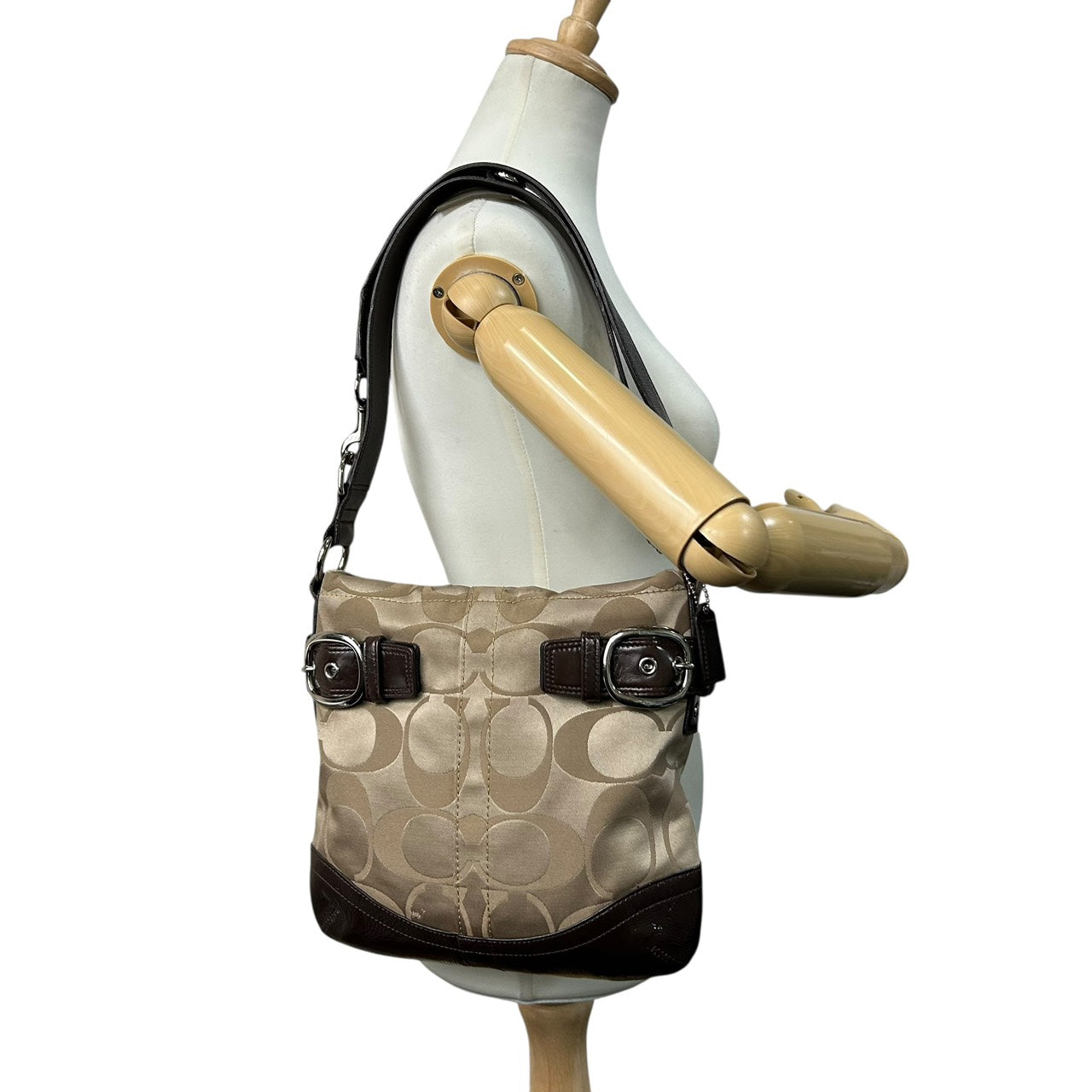 コーチ COACH ショルダーバッグ シグネチャー ジャガード×レザー ベルトデザイン ベージュ 茶色 ブラウン S92