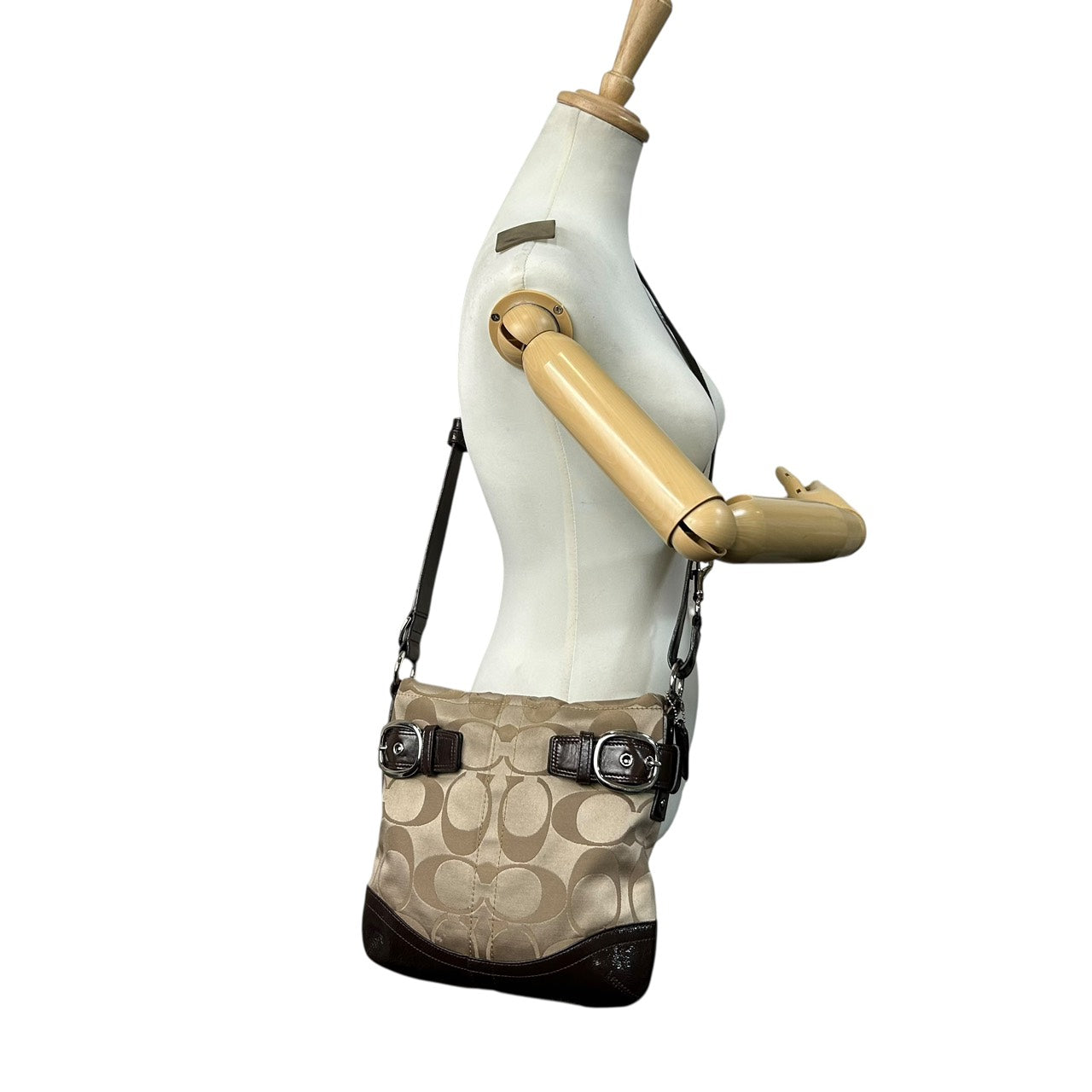 コーチ COACH ショルダーバッグ シグネチャー ジャガード×レザー ベルトデザイン ベージュ 茶色 ブラウン S92