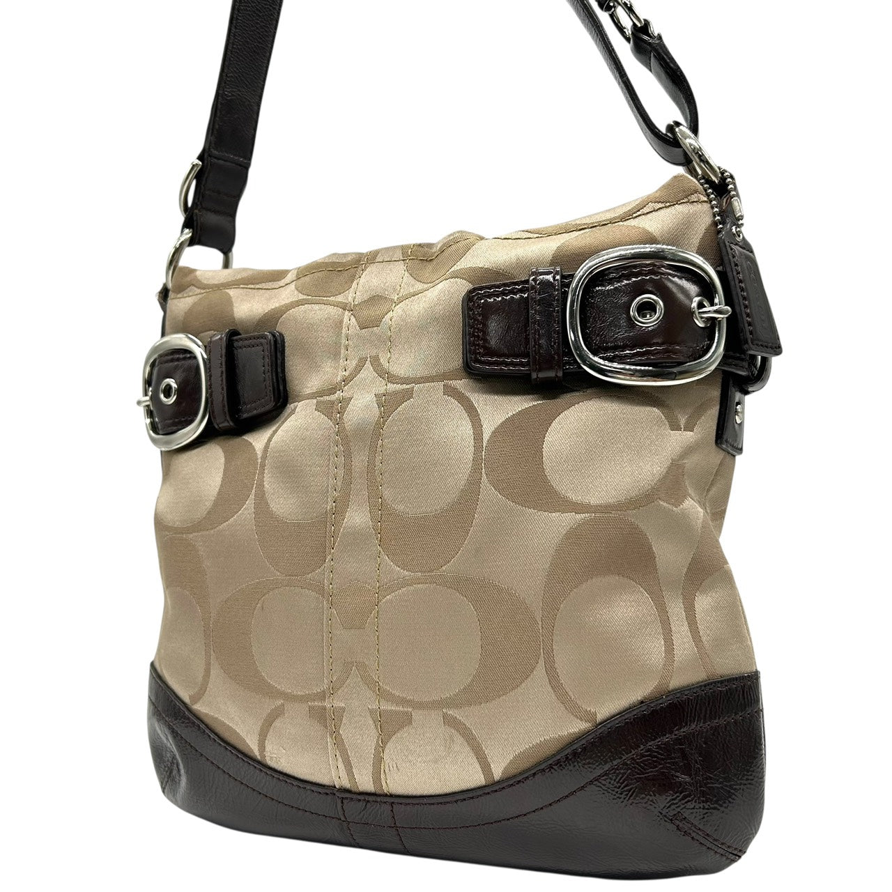 コーチ COACH ショルダーバッグ シグネチャー ジャガード×レザー ベルトデザイン ベージュ 茶色 ブラウン S92