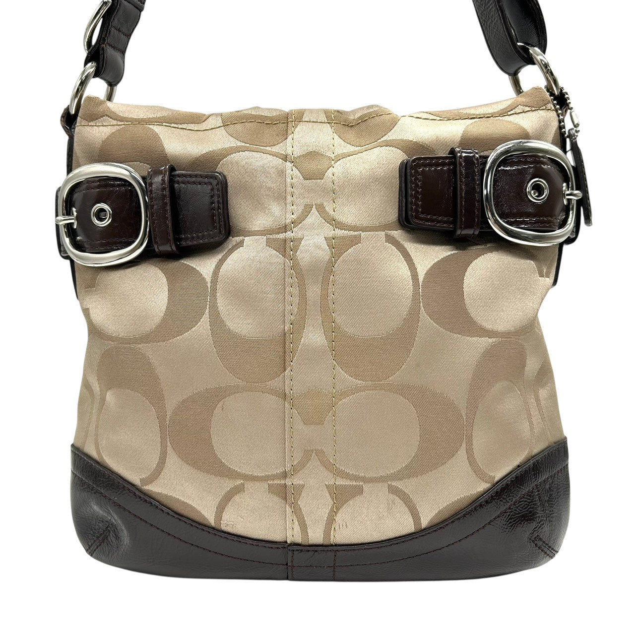 コーチ COACH ショルダーバッグ シグネチャー ジャガード×レザー ベルトデザイン ベージュ 茶色 ブラウン S92