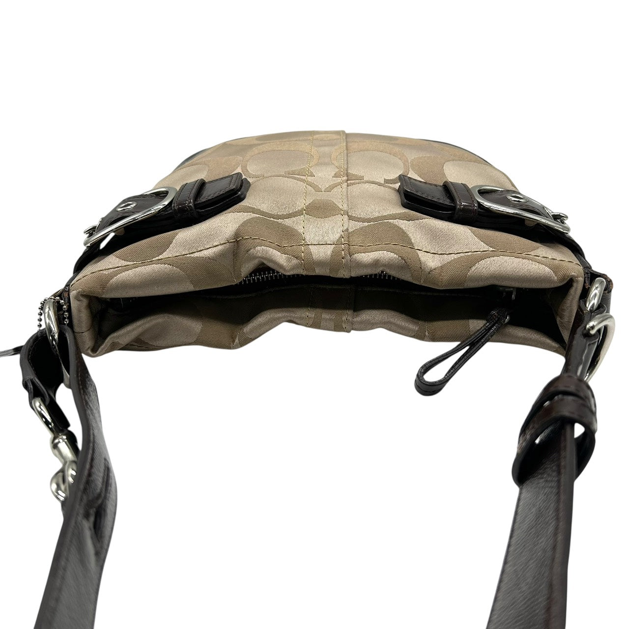 コーチ COACH ショルダーバッグ シグネチャー ジャガード×レザー ベルトデザイン ベージュ 茶色 ブラウン S92