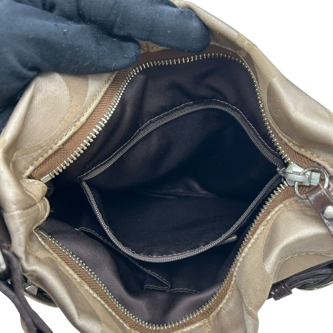 コーチ COACH ショルダーバッグ シグネチャー ジャガード×レザー ベルトデザイン ベージュ 茶色 ブラウン S92