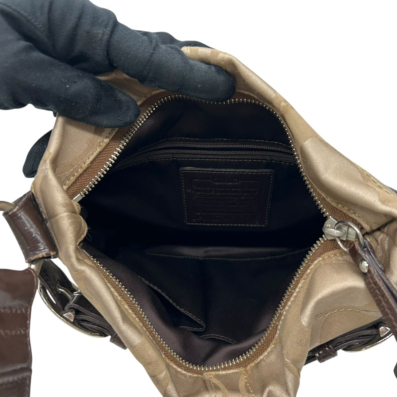 コーチ COACH ショルダーバッグ シグネチャー ジャガード×レザー ベルトデザイン ベージュ 茶色 ブラウン S92