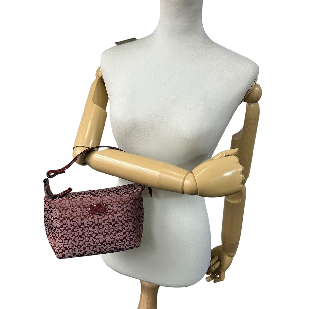 美品 コーチ COACH ショルダーバッグ アクセサリーポーチ ミニシグネチャー ジャガード 赤 レッド キャンバス ハンドバッグ S92