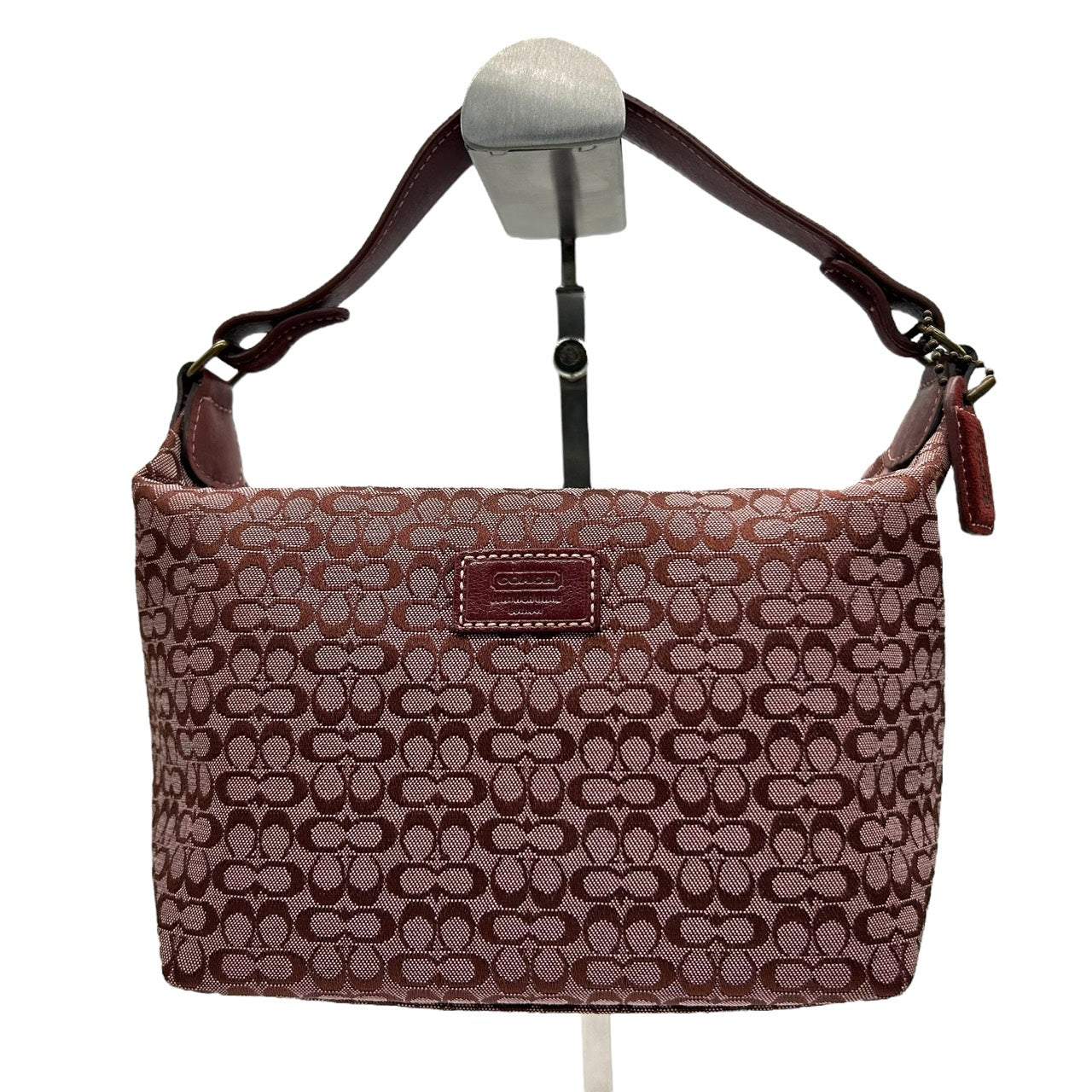 美品 コーチ COACH ショルダーバッグ アクセサリーポーチ ミニシグネチャー ジャガード 赤 レッド キャンバス ハンドバッグ S92