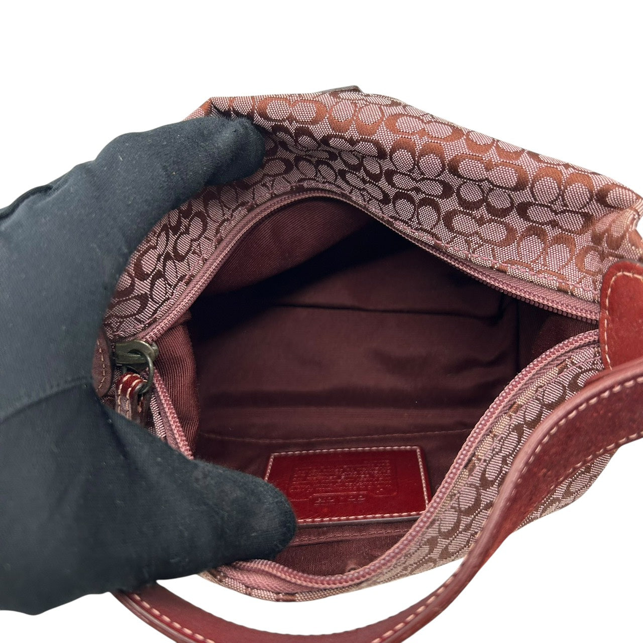 美品 コーチ COACH ショルダーバッグ アクセサリーポーチ ミニシグネチャー ジャガード 赤 レッド キャンバス ハンドバッグ S92