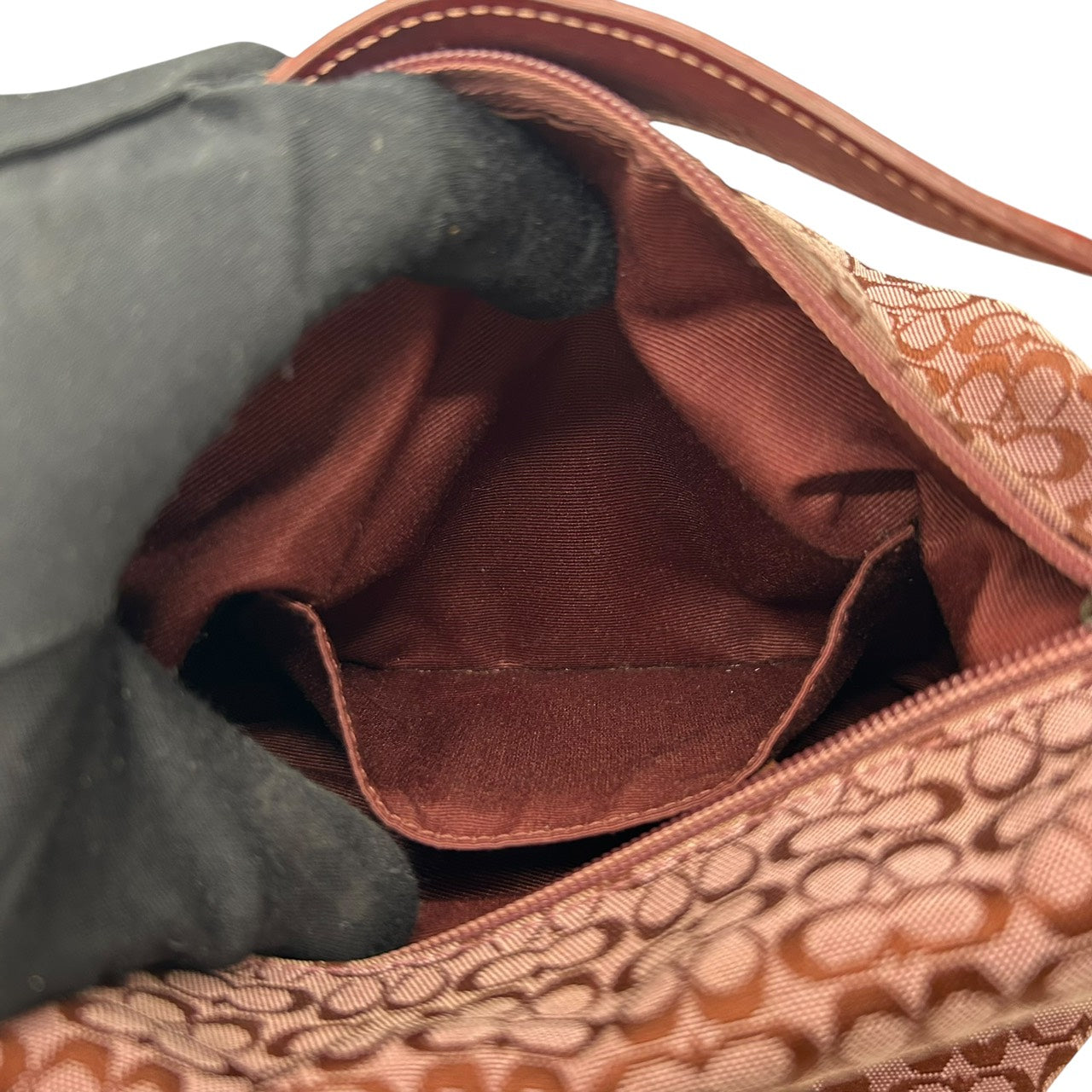 美品 コーチ COACH ショルダーバッグ アクセサリーポーチ ミニシグネチャー ジャガード 赤 レッド キャンバス ハンドバッグ S92