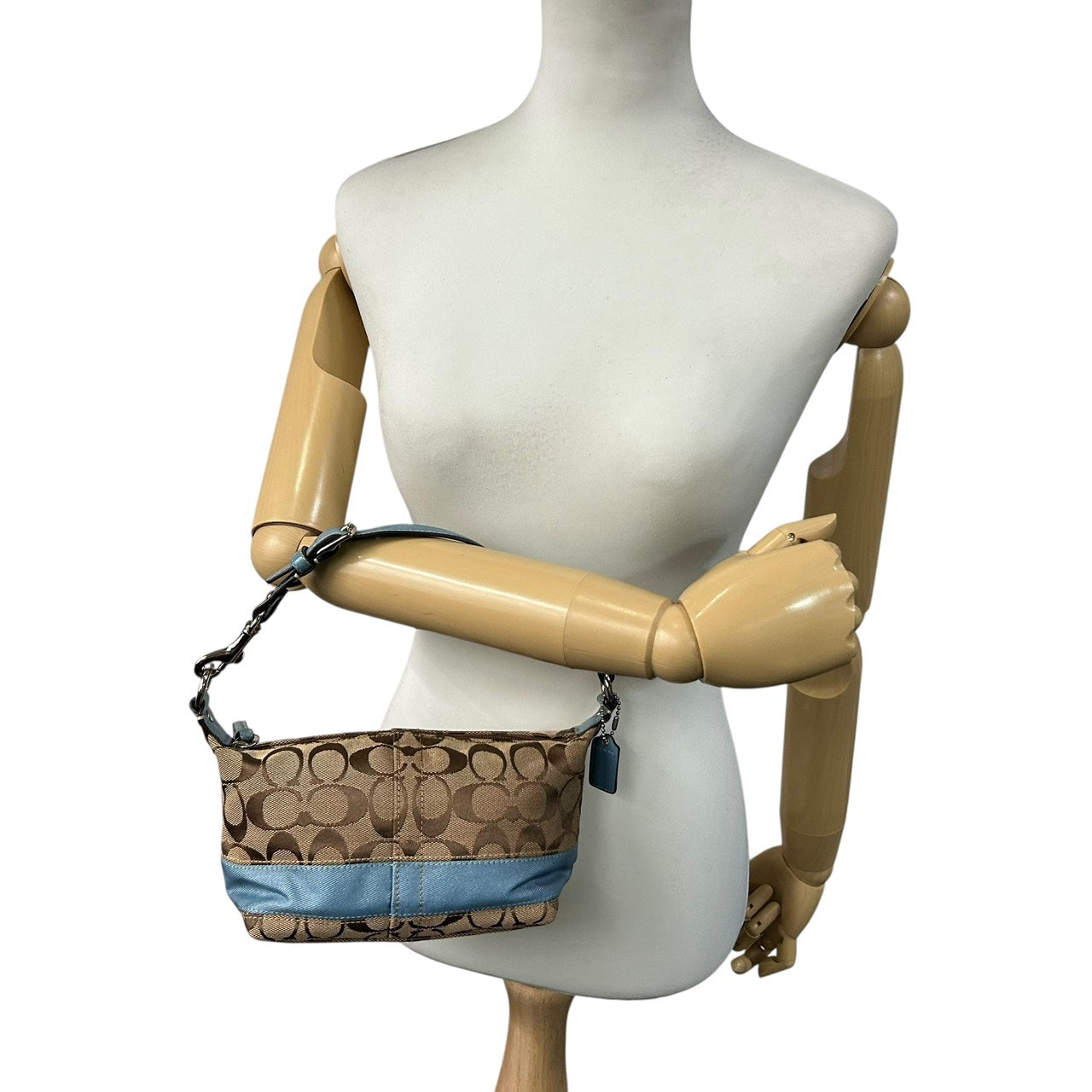 美品 コーチ COACH アクセサリーポーチ ハンドバッグ シグネチャー ジャガード コンビ ベージュ 水色 ブルー キャンバス S92