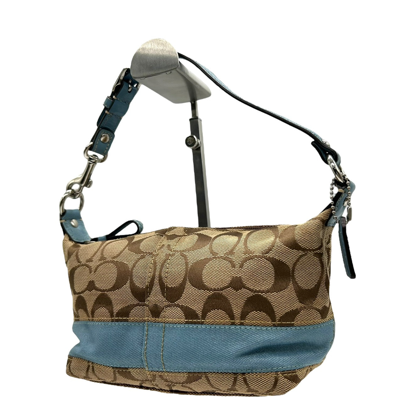 美品 コーチ COACH アクセサリーポーチ ハンドバッグ シグネチャー ジャガード コンビ ベージュ 水色 ブルー キャンバス S92