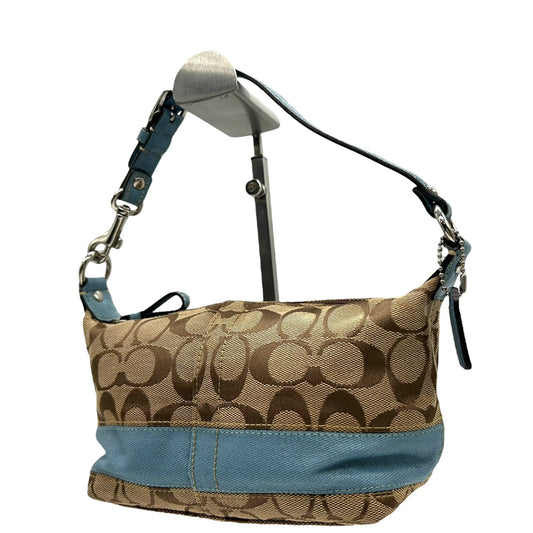 美品 コーチ COACH アクセサリーポーチ ハンドバッグ シグネチャー ジャガード コンビ ベージュ 水色 ブルー キャンバス S92
