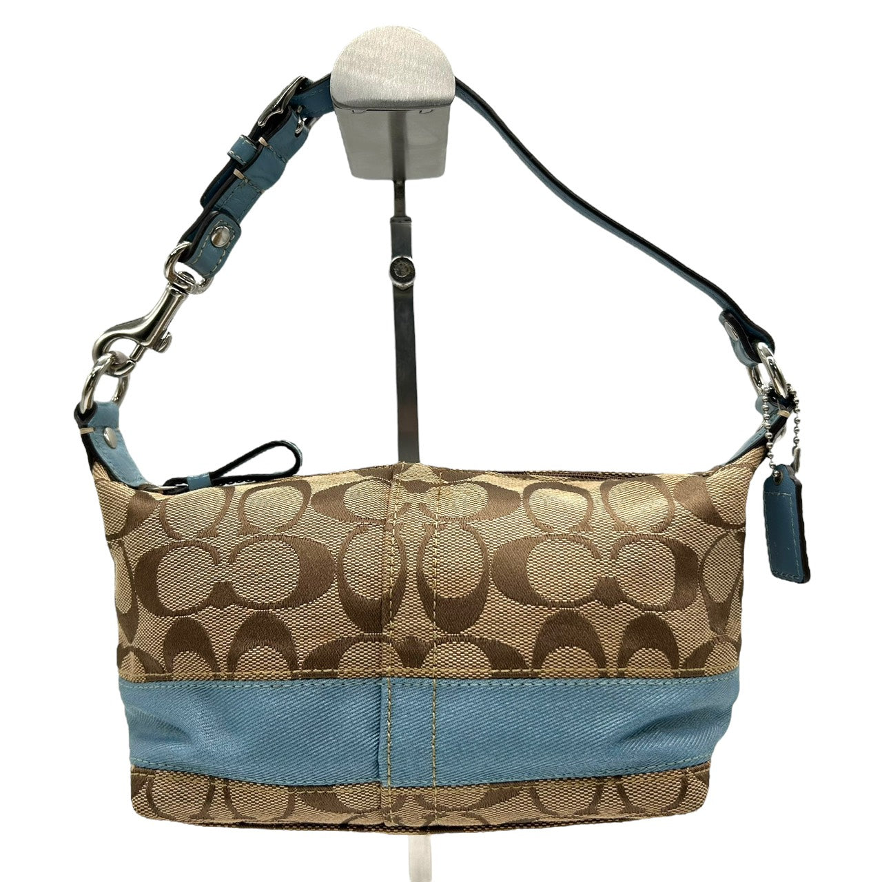 美品 コーチ COACH アクセサリーポーチ ハンドバッグ シグネチャー ジャガード コンビ ベージュ 水色 ブルー キャンバス S92