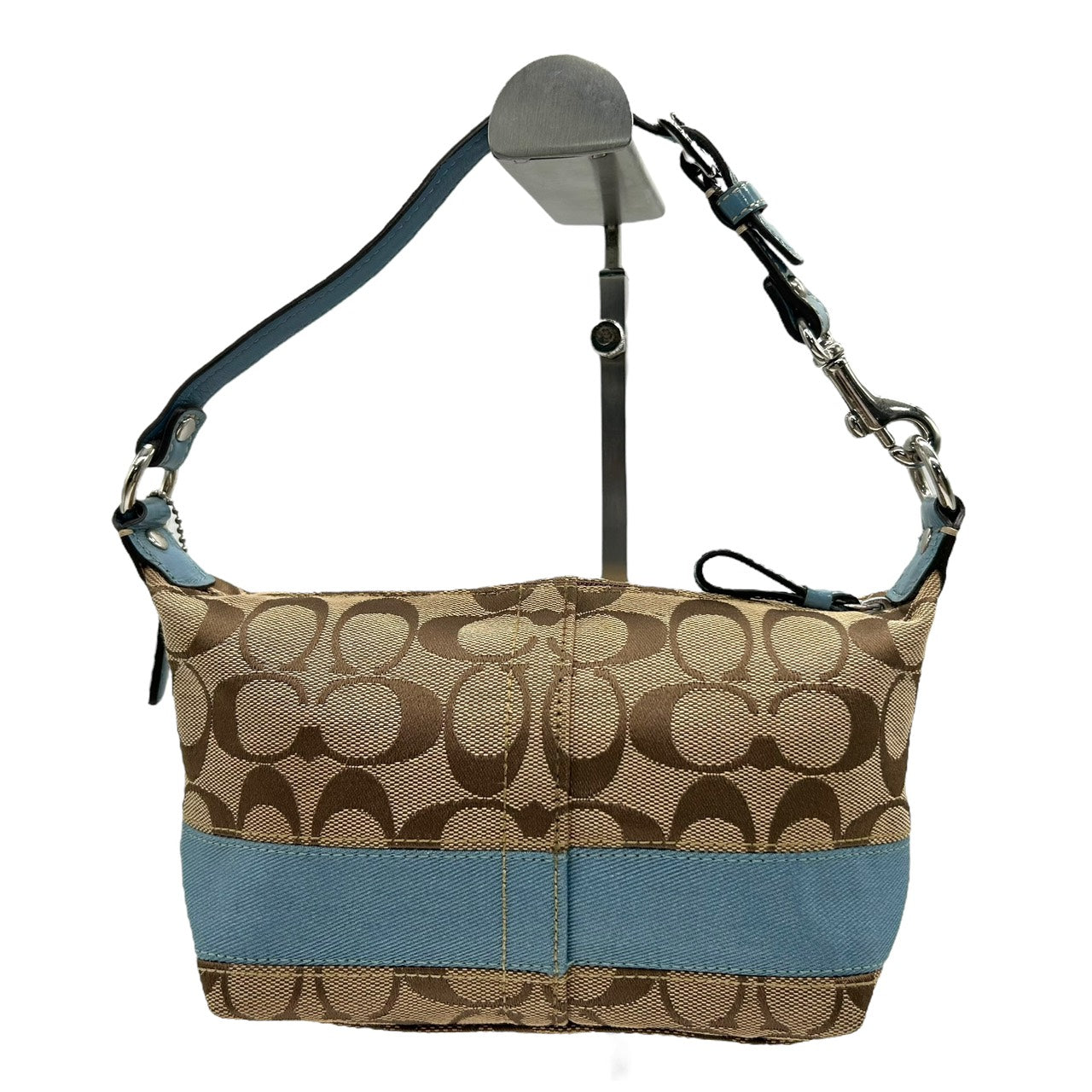 美品 コーチ COACH アクセサリーポーチ ハンドバッグ シグネチャー ジャガード コンビ ベージュ 水色 ブルー キャンバス S92