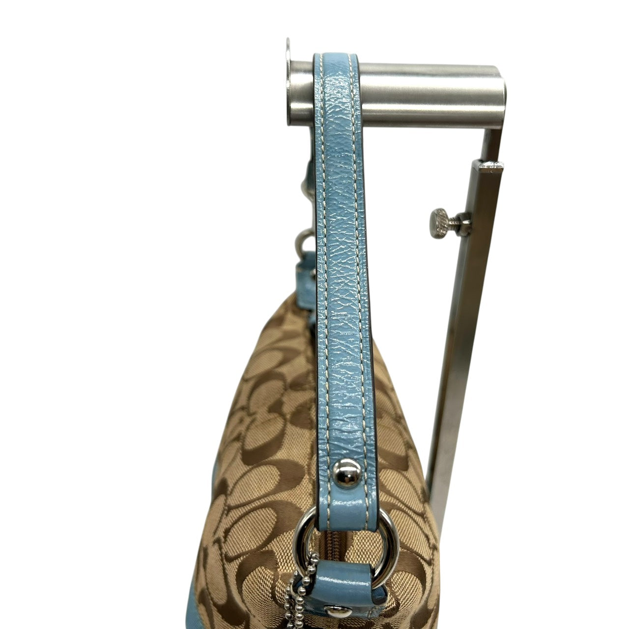 美品 コーチ COACH アクセサリーポーチ ハンドバッグ シグネチャー ジャガード コンビ ベージュ 水色 ブルー キャンバス S92