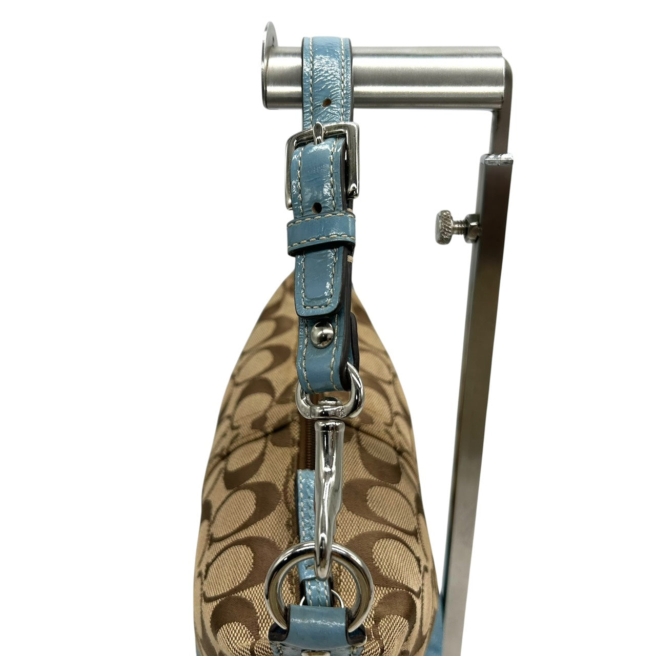 美品 コーチ COACH アクセサリーポーチ ハンドバッグ シグネチャー ジャガード コンビ ベージュ 水色 ブルー キャンバス S92