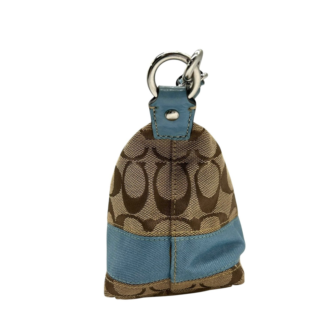 美品 コーチ COACH アクセサリーポーチ ハンドバッグ シグネチャー ジャガード コンビ ベージュ 水色 ブルー キャンバス S92