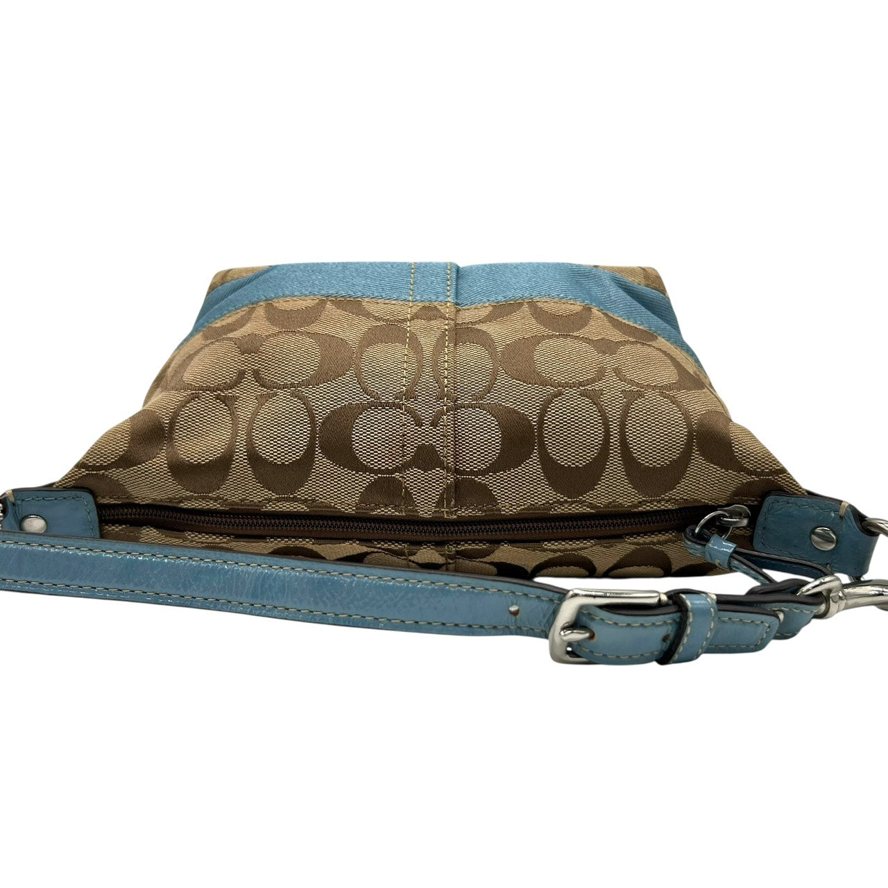 美品 コーチ COACH アクセサリーポーチ ハンドバッグ シグネチャー ジャガード コンビ ベージュ 水色 ブルー キャンバス S92