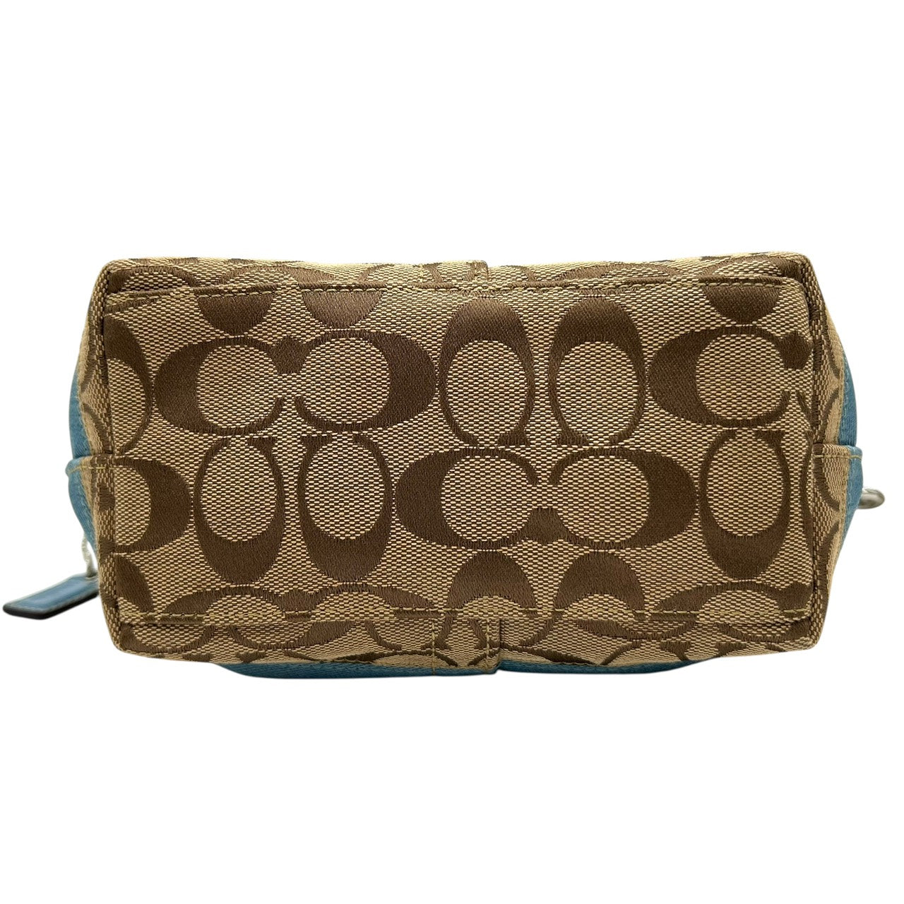 美品 コーチ COACH アクセサリーポーチ ハンドバッグ シグネチャー ジャガード コンビ ベージュ 水色 ブルー キャンバス S92