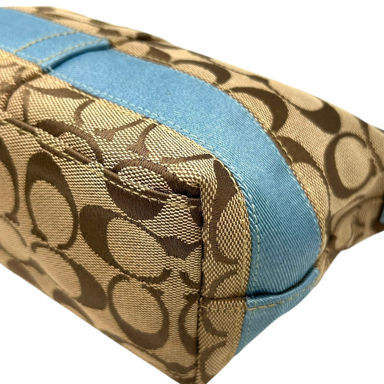 美品 コーチ COACH アクセサリーポーチ ハンドバッグ シグネチャー ジャガード コンビ ベージュ 水色 ブルー キャンバス S92