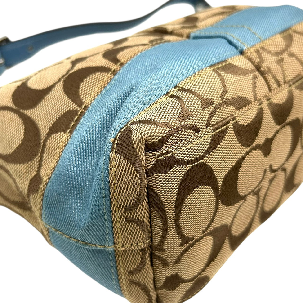 美品 コーチ COACH アクセサリーポーチ ハンドバッグ シグネチャー ジャガード コンビ ベージュ 水色 ブルー キャンバス S92