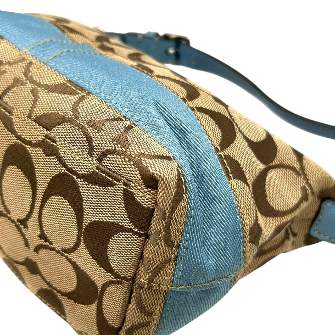 美品 コーチ COACH アクセサリーポーチ ハンドバッグ シグネチャー ジャガード コンビ ベージュ 水色 ブルー キャンバス S92