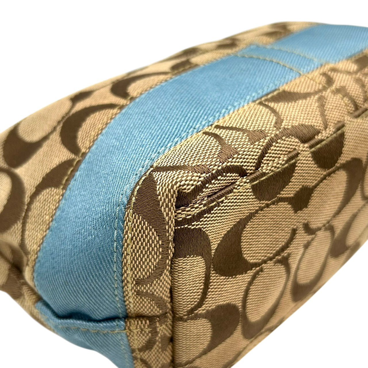 美品 コーチ COACH アクセサリーポーチ ハンドバッグ シグネチャー ジャガード コンビ ベージュ 水色 ブルー キャンバス S92