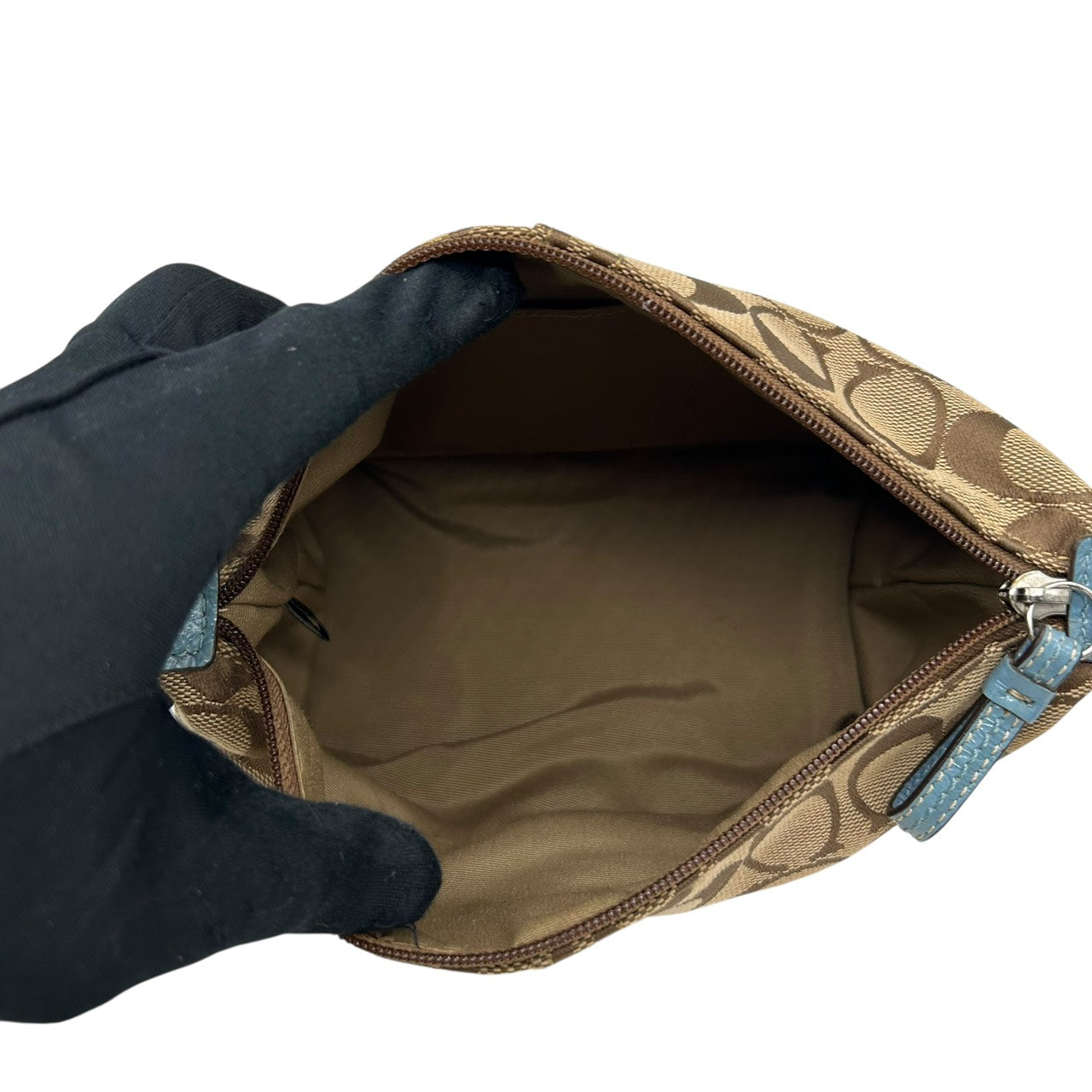 美品 コーチ COACH アクセサリーポーチ ハンドバッグ シグネチャー ジャガード コンビ ベージュ 水色 ブルー キャンバス S92