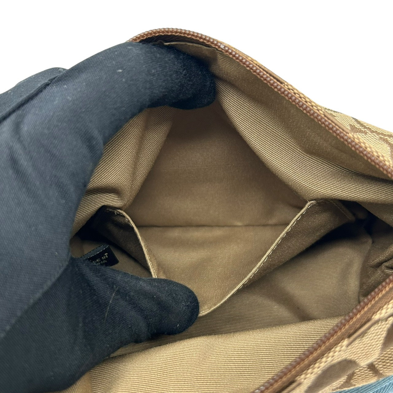 美品 コーチ COACH アクセサリーポーチ ハンドバッグ シグネチャー ジャガード コンビ ベージュ 水色 ブルー キャンバス S92