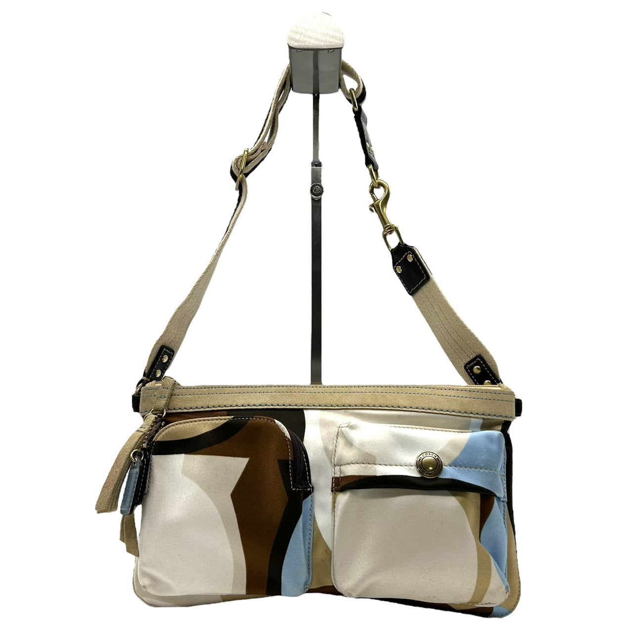 美品 コーチ COACH ショルダーバッグ ナイロン レザー コンビ マルチカラー ポケット付き 軽量 E9