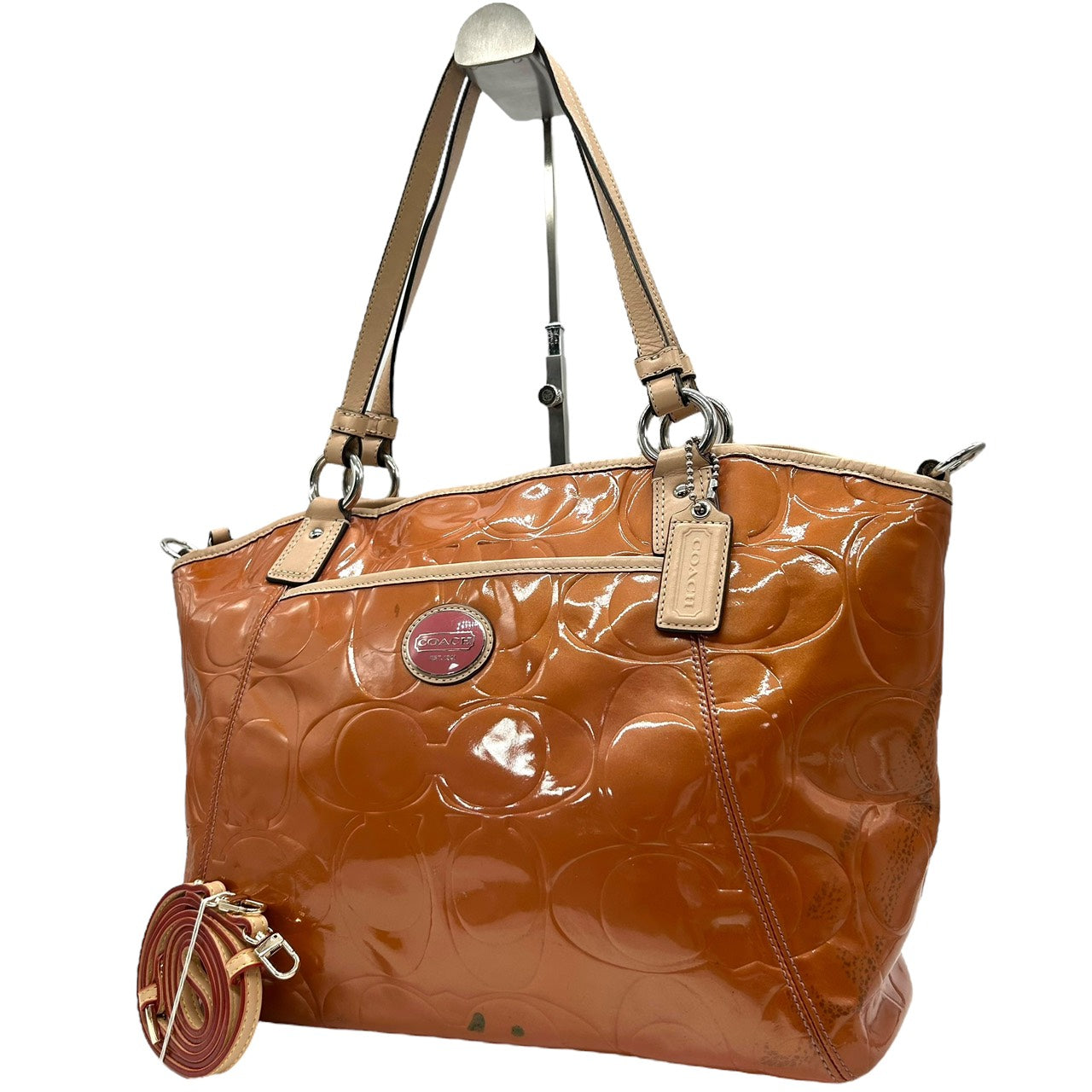 コーチ COACH シグネチャー パテントレザー トートバッグ ショルダーバッグ 2WAY エナメル ブラウン キャメル E9