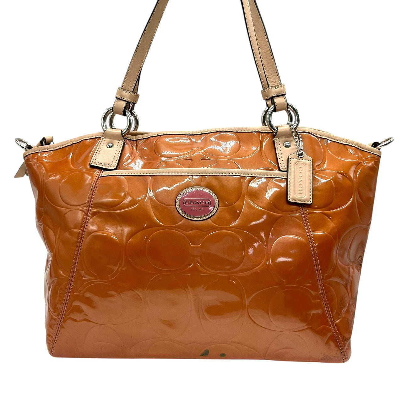 コーチ COACH シグネチャー パテントレザー トートバッグ ショルダーバッグ 2WAY エナメル ブラウン キャメル E9